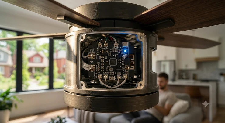 Alt text for image 2: A step-by-step diagram showing a wifi ceiling fan no hub required connecting straight to a standard Canadian home internet router without extra equipment.