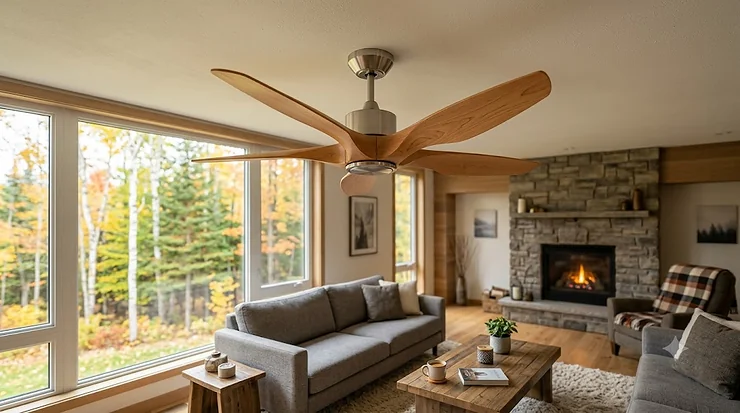 A modern Canadian living room featuring a contemporary ceiling fan with custom specialty ceiling fan blades crafted from warm natural wood.
