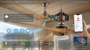 A graphic illustration highlighting the eco-friendly lifecycle of a bamboo ceiling fan, featuring raw bamboo stalks transforming into durable, lightweight fan blades.