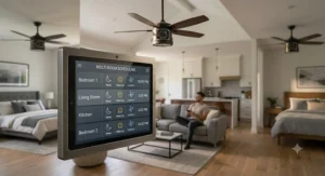Alt text for image 3: Smartphone screen illustration displaying the mobile app interface used to control the wifi ceiling fan no hub required from anywhere in Canada.