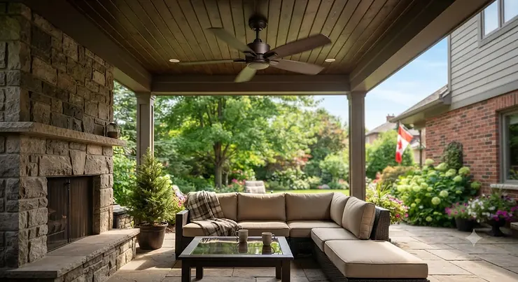 The best outdoor ceiling fan installed on a covered backyard patio in a Canadian home, providing a cool breeze during summer.