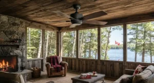 A matte black best outdoor ceiling fan cooling a rustic Canadian cottage screen porch.