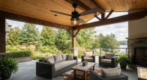 A matte black indoor-outdoor ceiling fan completing the look of a modern farmhouse style outdoor lounge.