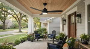 Matte black modern ceiling fan with integrated LED light on a suburban front porch
