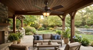Oil-rubbed bronze ceiling fan with light kit enhancing an outdoor living space