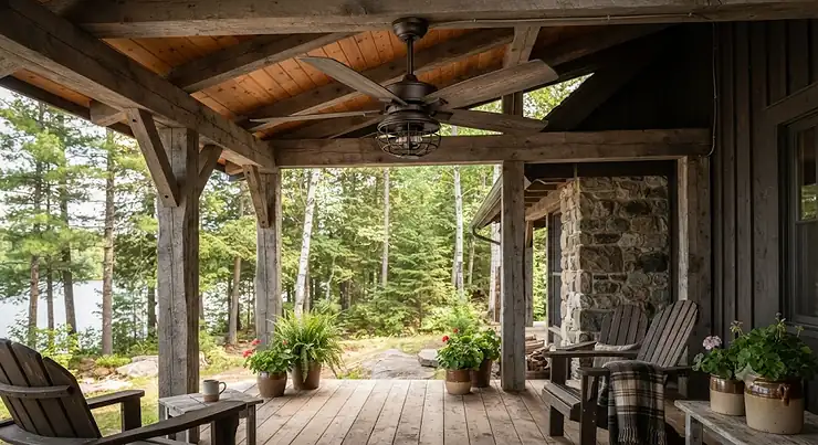 Rustic wooden ceiling fan installed on a covered wooden porch of a Canadian cottage