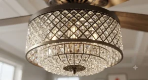 Close-up of crystal accents on a luxury ceiling fan chandelier light, combining high-end decor with integrated airflow for Canadian homes.