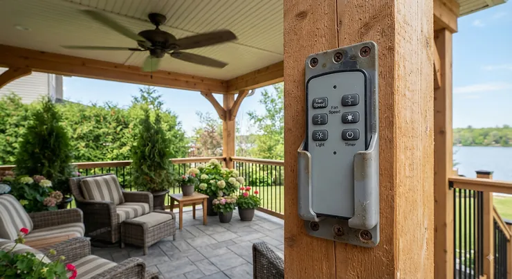 A durable, weather-resistant remote control for an outdoor ceiling fan mounted on a covered Canadian patio.