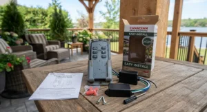 Components of an easy-to-install outdoor ceiling fan remote control kit on a table.