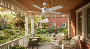 An energy-efficient best outdoor ceiling fan keeping a traditional suburban veranda comfortable on a warm day.