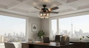 Energy-efficient, certified ceiling fan chandelier light meeting Canadian standards for power conservation and sustainable home lighting.