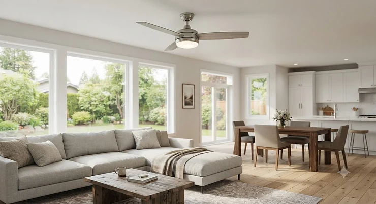 Modern brushed nickel flush mount ceiling fan with light installed in a bright, open-concept Canadian living room with natural daylight and garden view (ventilateur de plafond encastré avec luminaire).