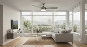 Energy-efficient flush mount ceiling fan with light in winter reverse mode, helping Canadian homeowners reduce heating costs.
