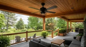 A matte black industrial indoor-outdoor ceiling fan mounted on a spacious cedar porch overlooking a backyard.