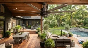Large industrial-style ceiling fan circulating air over a spacious backyard deck