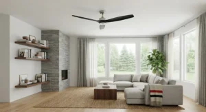 Large industrial-style ceiling fan without light kit suited for high-ceiling open-concept Canadian great rooms.