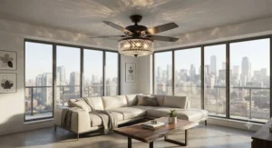 Flush-mount ceiling fan chandelier light optimized for modern Canadian urban apartments and low-ceiling condominium spaces.