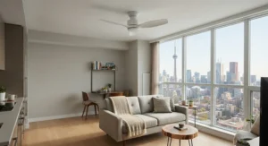 Low-profile minimalist ceiling fan designed for compact spaces in a downtown Toronto high-rise condo.