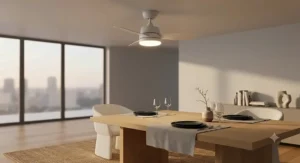 Energy-efficient minimalist ceiling fan with integrated LED light kit illuminating a minimalist dining space.
