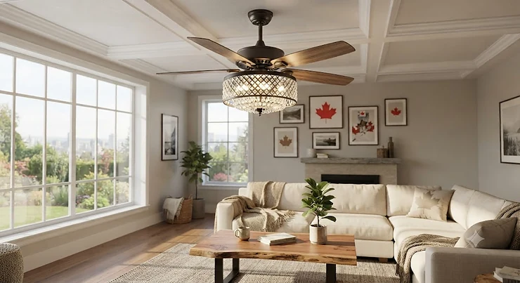 Modern LED ceiling fan chandelier light installed in a Canadian living room, offering year-round energy-efficient climate control and elegant illumination.