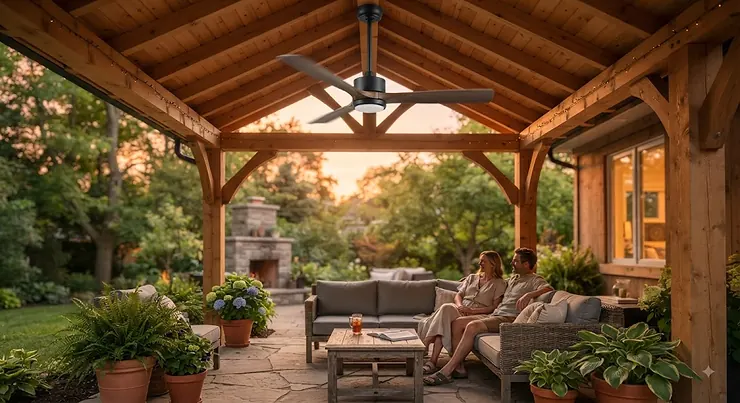 A modern outdoor gazebo ceiling fan installed on a covered patio during a warm summer evening in Canada.