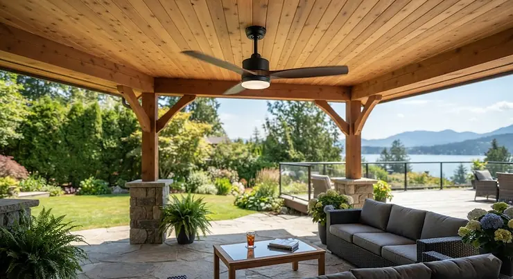 A sleek modern indoor-outdoor ceiling fan installed on a covered Canadian patio, providing summer cooling.