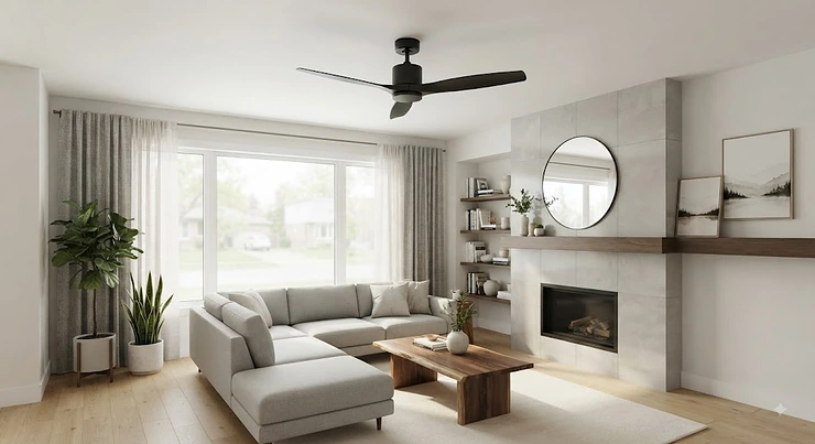 Sleek modern ceiling fan without light kit installed in a contemporary living room with neutral decor.