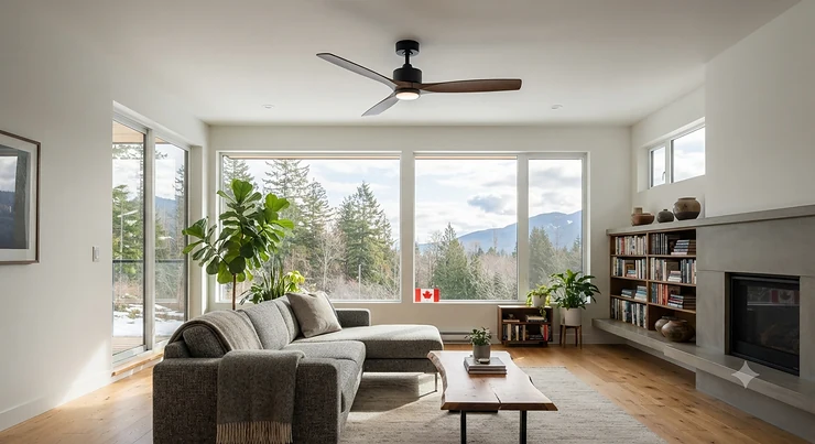 A sleek minimalist ceiling fan installed in a modern Canadian living room with natural light and hardwood floors.
