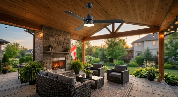 Modern wet rated ceiling fan installed on a covered outdoor patio in Canada, providing airflow for warm summer evenings.