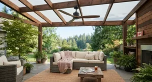 Damp-rated minimalist ceiling fan installed on a covered wooden patio for summer entertaining in Canada.