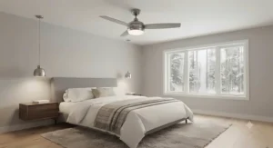 Quiet and stylish flush mount ceiling fan with light installed in a cozy master bedroom, providing year-round comfort in Canada.