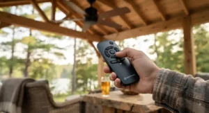 Close-up view of a gazebo ceiling fan hand-held remote control for adjusting speed and lighting during cottage season.
