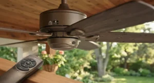 Close-up of a remote-controlled best outdoor ceiling fan showing weather-resistant blades designed for outdoor living.