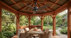 A rust-resistant best outdoor ceiling fan mounted inside a cedar backyard gazebo for outdoor entertaining.