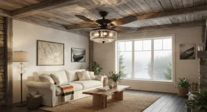 Rustic wood-finish ceiling fan chandelier light styled for country homes, cottages, and traditional Canadian interior decor.