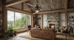 A rustic-style indoor-outdoor ceiling fan enhancing airflow in a cozy Canadian cottage living room.