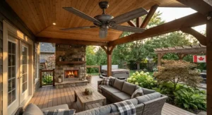 Rustic wood-look wet rated ceiling fan enhancing a backyard deck and Canadian outdoor living space.