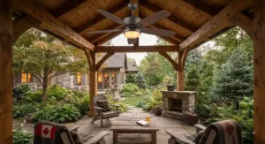 Rustic wood-grain gazebo ceiling fan installed in a custom timber frame gazebo overlooking a Canadian garden.