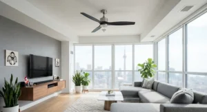 Smart-enabled ceiling fan without light kit installed in a contemporary high-rise condominium.