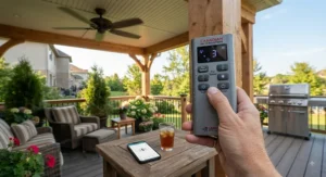 A modern smart outdoor ceiling fan remote control being used on a suburban deck.
