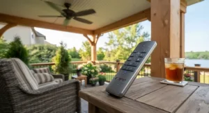 A sleek, ergonomic outdoor ceiling fan remote control placed next to patio furniture.