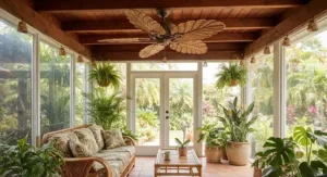 Ceiling fan with palm-leaf style blades creating a breezy oasis on a sunroom porch