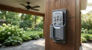 A waterproof outdoor ceiling fan remote control in a convenient wall-mounted holder.