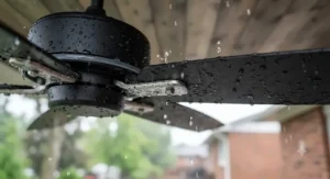 Close-up of a wet rated ceiling fan showing waterproof blade construction built to endure harsh seasonal weather.