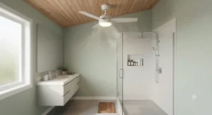Low-profile wet rated ceiling fan installed safely above a home shower to circulate air in high-humidity areas.