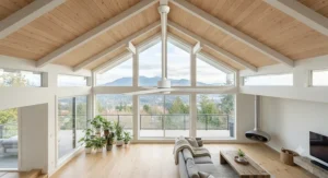 White minimalist ceiling fan mounted on a high vaulted ceiling in a bright, airy Vancouver house.