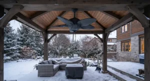 Gazebo ceiling fan prepared for the Canadian winter season with a fitted protective cover outdoors.