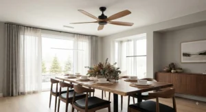 Natural wood blade ceiling fan without light kit hanging above a modern dining table.
