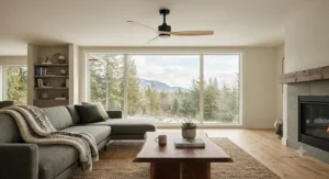 Minimalist ceiling fan with light wood blades complementing a contemporary Canadian home decor style.