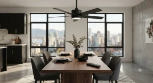 Matte black dining room ceiling fan with remote control featured in an urban Canadian dining space.